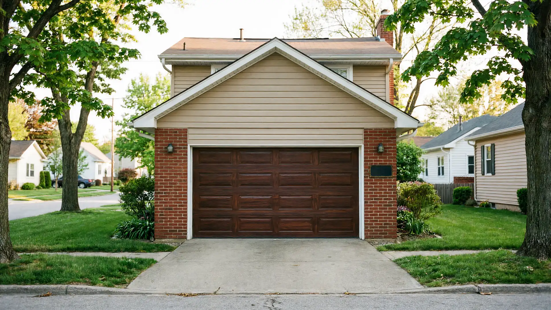 A brown paneled garage door is on a house with tan siding and brick.