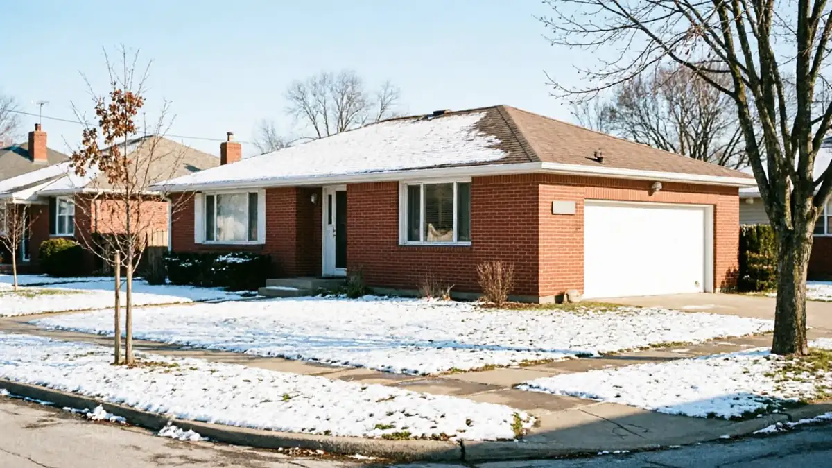 A red brick house with a white garage door and snow on the lawn.
