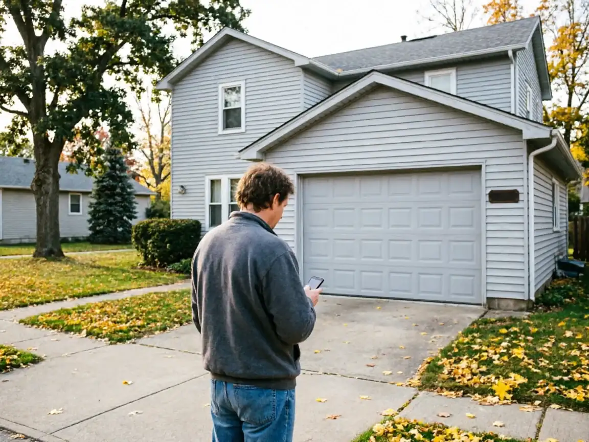 A man stands in a driveway looking at his phone, facing a garage door.