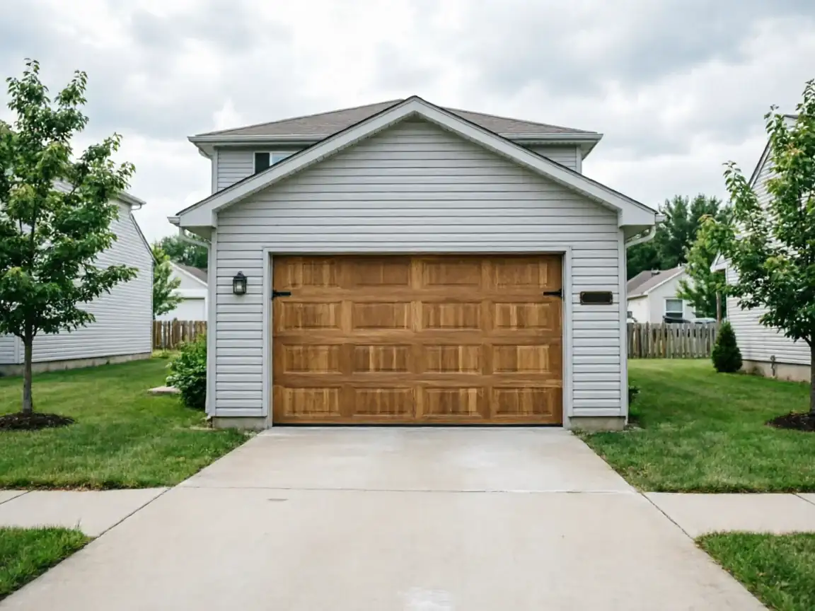 A light brown wooden garage door on a gray house with a concrete driveway.