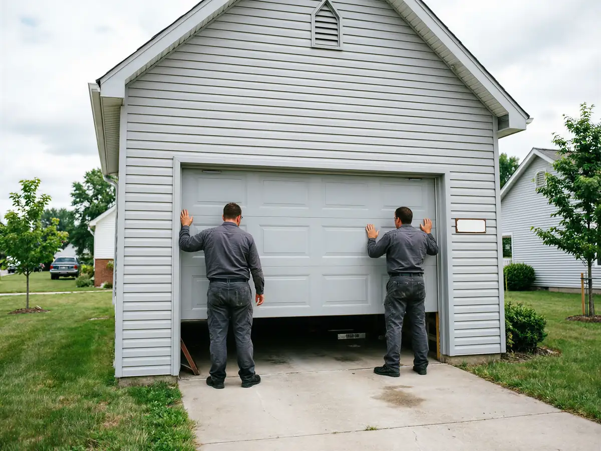 Two technicians are installing a white garage door on a gray house.