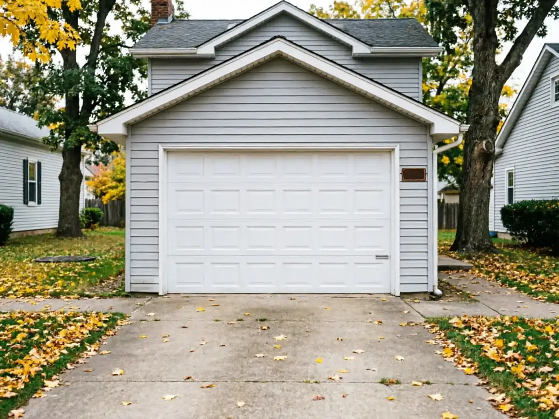 A white panel garage door on a light gray house with a concrete driveway.