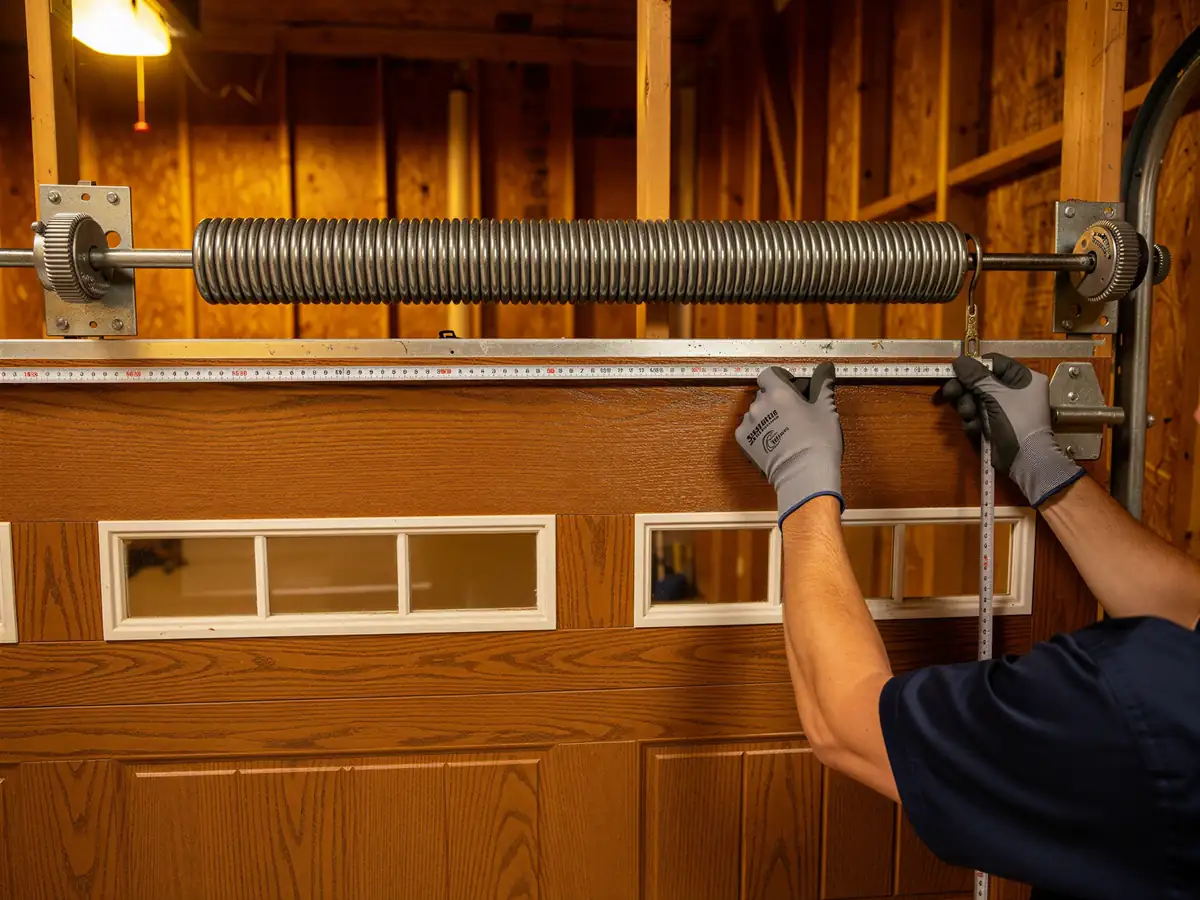 A technician measures a brown garage door with a torsion spring above it.